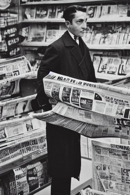 a 5 0's detective, buying newspaper at the newsstand