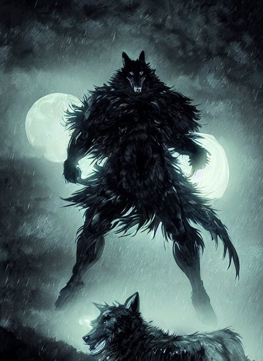 Giant wolf with glowing eyes near small village, raining, full moon. In style of Yoji Shinkawa and Hyung-tae Kim, trending on ArtStation, dark fantasy, great composition, concept art, highly detailed, dynamic pose.