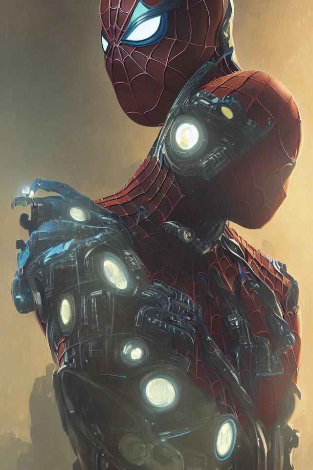 Spiderman as a Machine, Cyberpunk Machine, and Alphonse Mucha's Machine Face. by Greg Rutkowski instead