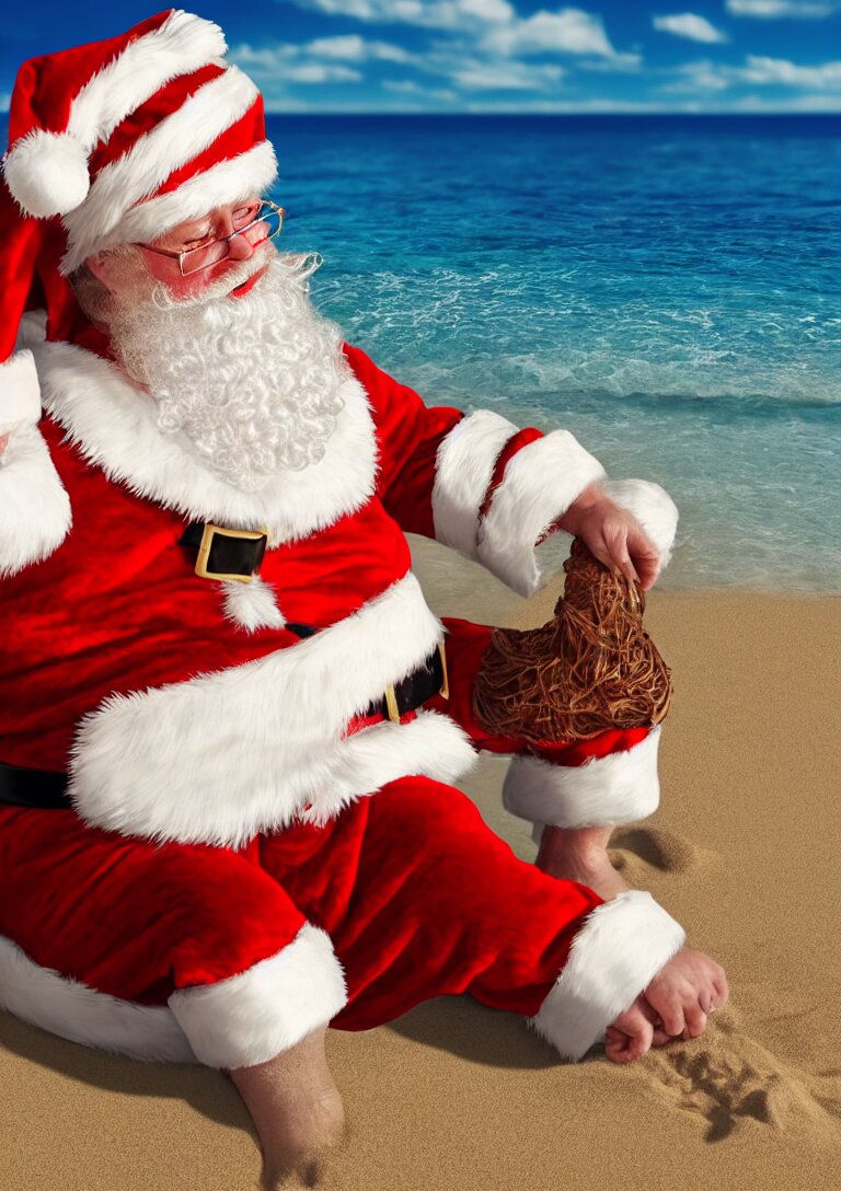 santa claus sunbathing on the beach, 3d rendering of photo realistic image, super detailed, 4K,cinematic look