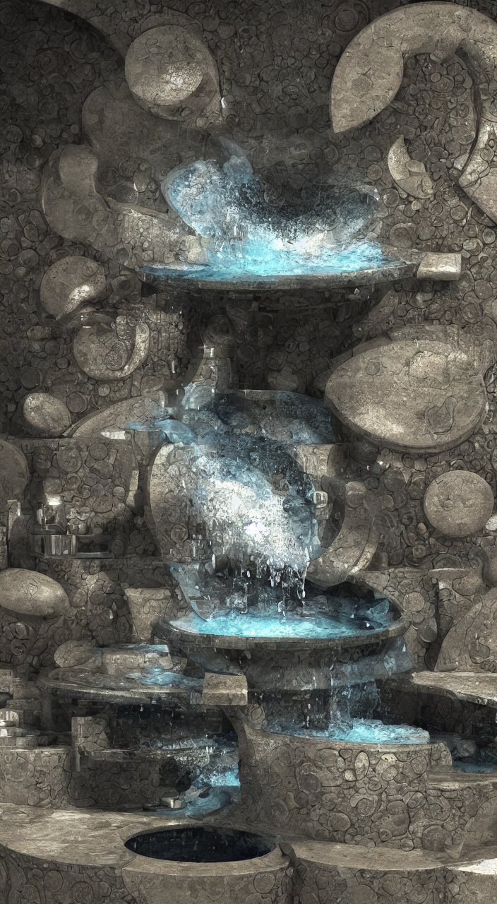 a stream of water entering into a machine made from amphoras and producing a large coin, in the style of a futuristic fountain, architectural 3 d render, isometric, engineering, dynamic lighting, clay texture, 8 k