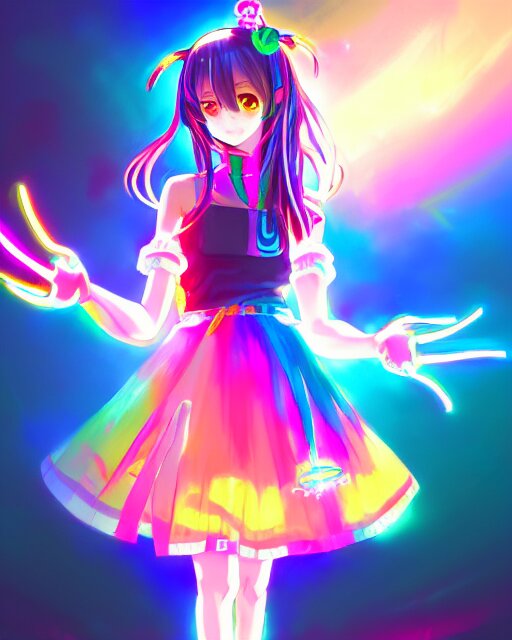 anime style, vivid, expressive, full body, 4 k, painting, a cute magical girl idol with a long wavy hair wearing a colorful dress, correct proportions, stunning, realistic light and shadow effects, neon lights, studio ghibly makoto shinkai yuji yamaguchi