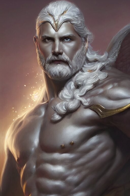 Zeus Humanoid God of the Thunder, Charming and Alluring Face, Highly Detailed, D&D, Fantasy, Highly Detailed, Digital Painting, Trending on ArtStation, Concept Art, Sharp Focus, Illustration, Art by Artgerm and Greg Rutkowski and Magali Villeneuve. Give Zeus a serious scowl.