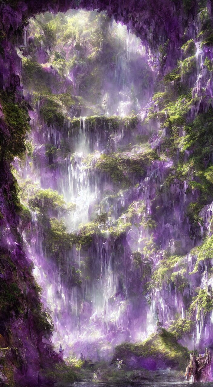 a mystical fairy city in the amethysts wall of a dreamy waterfall cave with and lilac sunrays, trending on artstation, concept art, matte painting, by giger, by degas, by goya, by munch 8 k