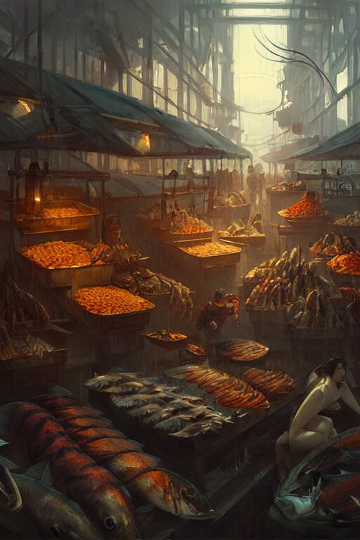 fish market by bayard wu, anna podedworna, greg rutkowski, giger, maxim verehin