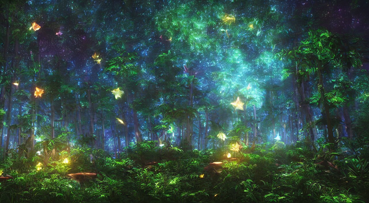 A beautiful lush magic mana forest, night sky with dazzling stars, fairies, fireflies, bokeh, octane render, unreal engine, raytracing, crystallized, intricate, hyper detailed, light rays. Make them a little more grainy and give them a magic light ray effect. light rays might be a little too glossy, make them more grainy