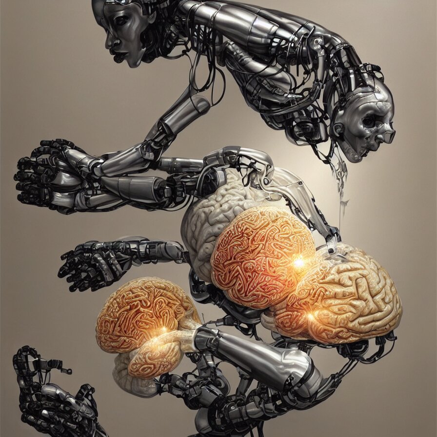 replace the robot with a human, add some abstract paintings in the background, and turn on the light behind the brain to give it a glowing appearance