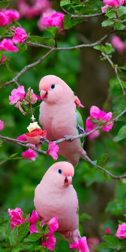 Cute Pink and White Rosy-Faced Lovebird Eats Ice Cream in a Flower Garden With Bright Colors and Increased Saturation. brighten the colors and increase saturation