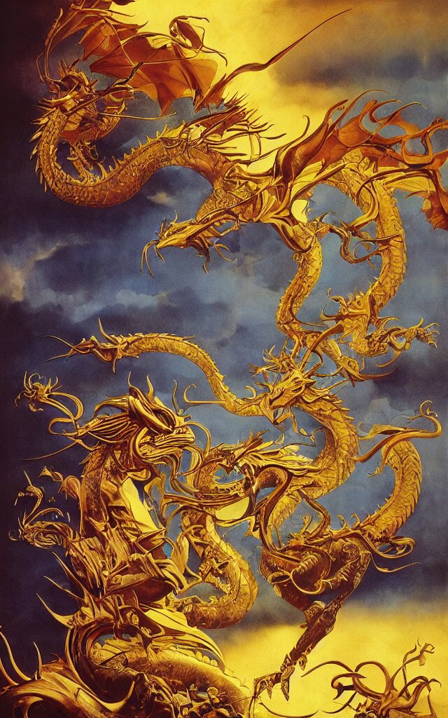 golden dragon, epic, legendary, cinematic composition, stunning atmosphere by james jean by roger dean by lee madgewick