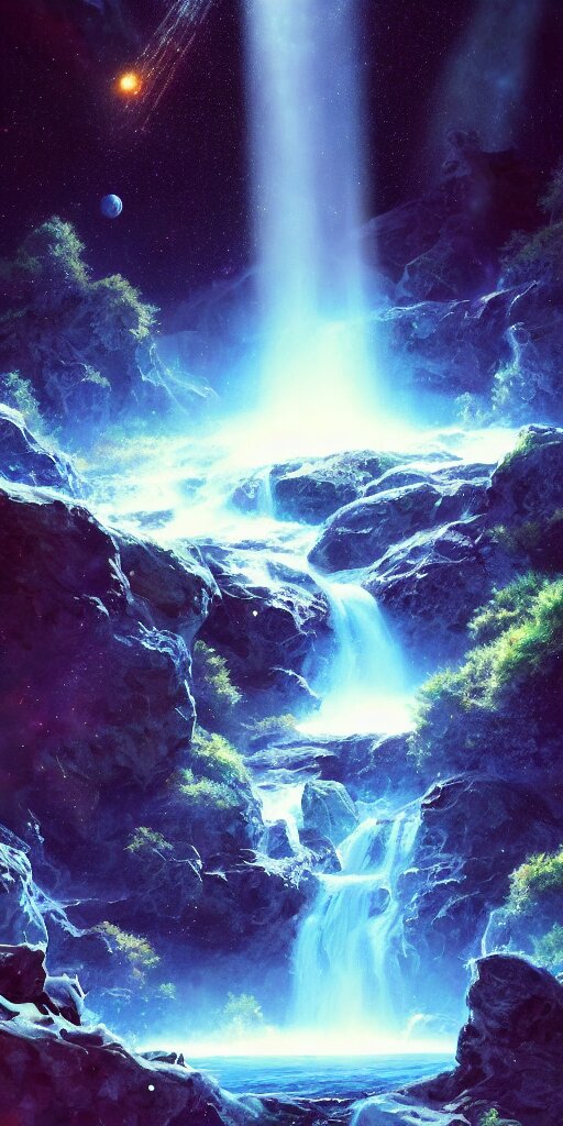 !! waterfall !! in asteroid field, stars and cosmos and planet in background, ultra detailed, high quality, very sharp, artstation award winner, ultra realistic, oil painting, digital painting, octane render, vibrant, ultra detailed water- gradient of blue, green and purple skies. colorize the sky with a gradient of blues, greens and purples