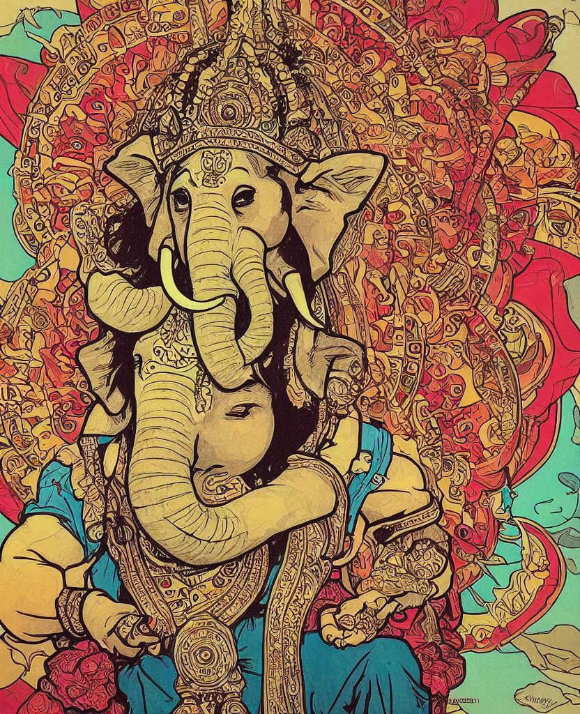 ganesha portrait illustration, pop art, splash painting, art by geof darrow, ashley wood, alphonse mucha, makoto shinkai - modern and minimalistic. completely change the style to something more modern and less ornate