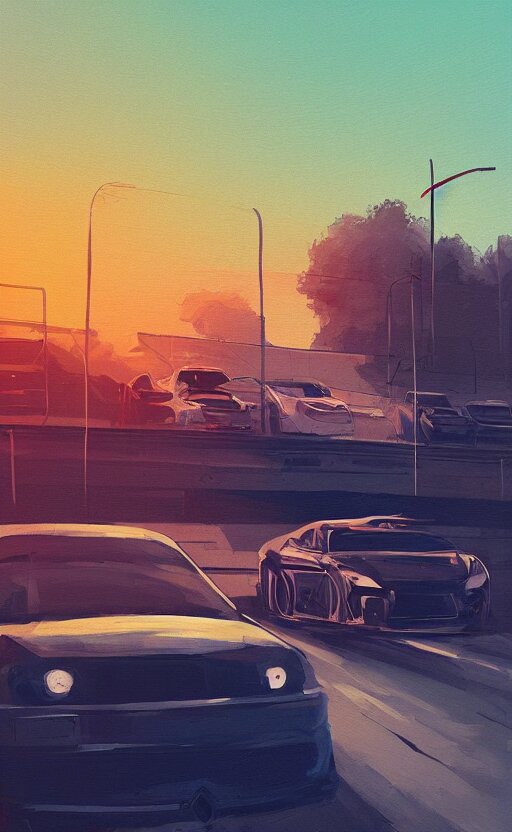 a beautiful illustration of a car parket near a highway at sunset, art of alena aenami, featured on artstation, vertical orientation, paint brush strokes, expressionism, brushstroke - laden