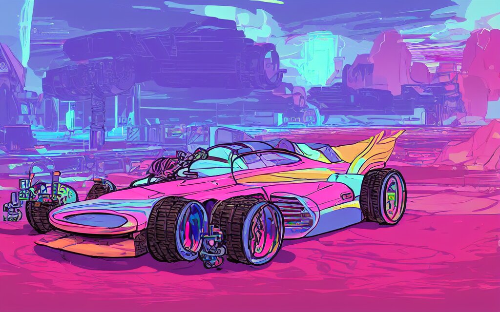 an retrowave cyberpunk formula car on the mars, pastel, colorful, bright, cartoony, digital art