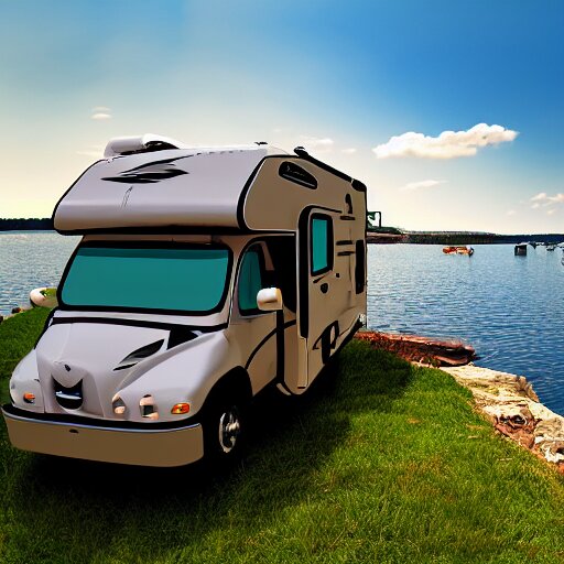 long!! fifth wheel camper towable rv on the grass by the harbor in maine, rocky coast, sailboats in the water, tiny village, white background, cute digital cartoon painting art, 4 colors!!! trending on artstation 