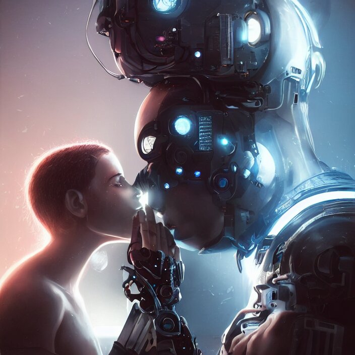 Cyborg Kissing - Ultra Realistic Medium Shot by artgerm and Greg Rutkowski and Alphonse Mucha. add some steam, fire, and a ray of light