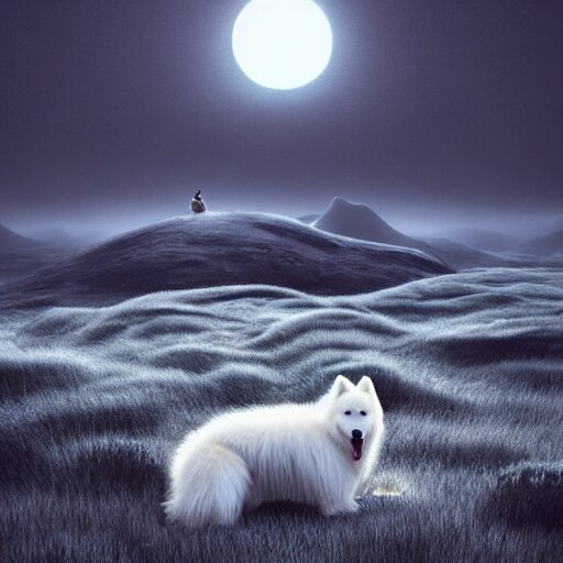 Giant sleeping ( ( ( ( ( samoyed ) ) ) ) ) cute creature creature in a tundra landscape, dramatic lighting, moody : : by michal karcz, daniel merriam, victo ngai and guillermo del toro : : ornate, dynamic, particulate, intricate, elegant, highly detailed, centered, art. moon is getting brighter and wind is blowing