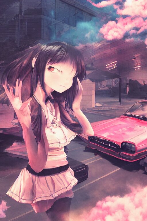 Art by 3d D. Jun, by 3d Mo Xiang Tong Xiu, Infrared Unreal Engine 3d dark render, beauty anime schoolgirls in Japanese maid's clothes and smoking inside a JDM car at night in a parking lot, anime vintage colors, polaroid, foggy, smoke, steam, parov, daz 3d, octane render, trending on. Turn into a movie poster