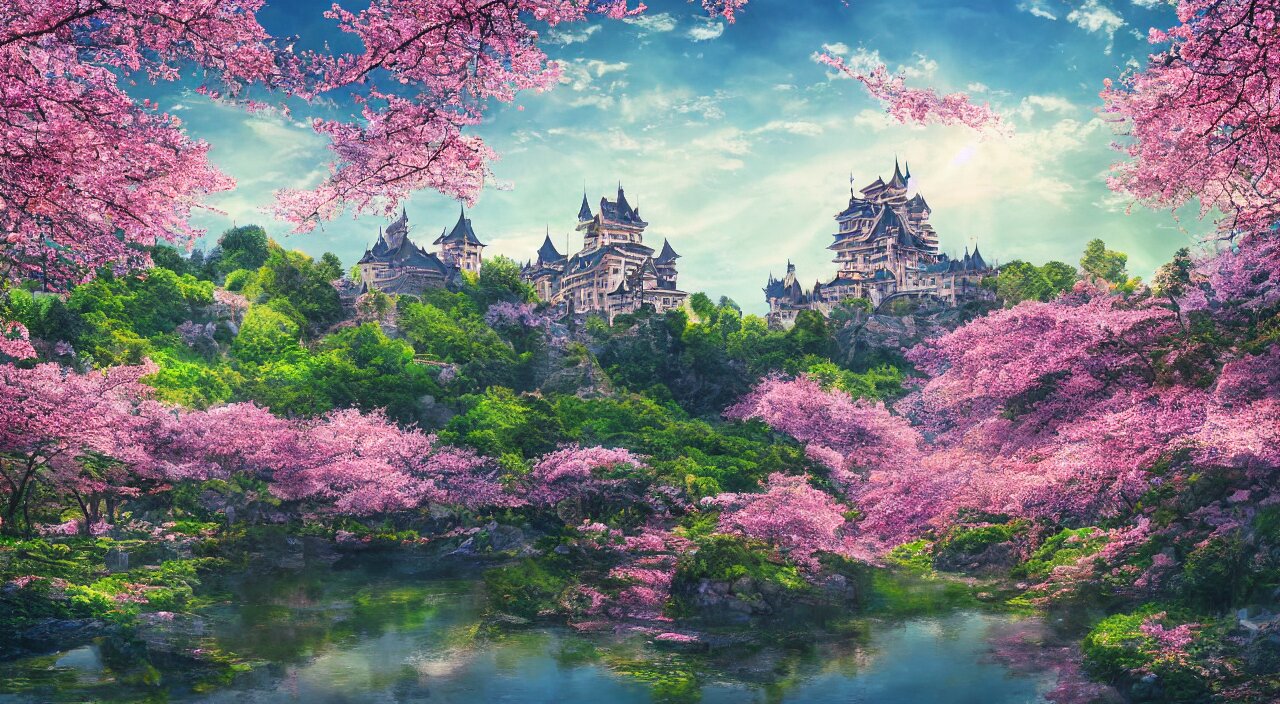 THE CHERRY BLOSSOM TREE HOUSE :: beautiful ornate treehouse in a gigantic pink cherry blossom tree :: on a high blue grey and brown cliff with light snow and pink cherry blossom trees :: Roger Deakins and Moebius and Alphonse Much and Guweiz :: Intricate details
