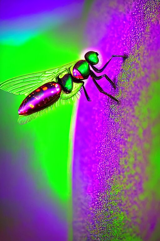 high quality macro photo holographic neoclassical fly! jeweled gorgeous! highly detailed digital art david ligare elson peter cinematic purple neon lighting high quality low angle hd 8k sharp shallow depth of field