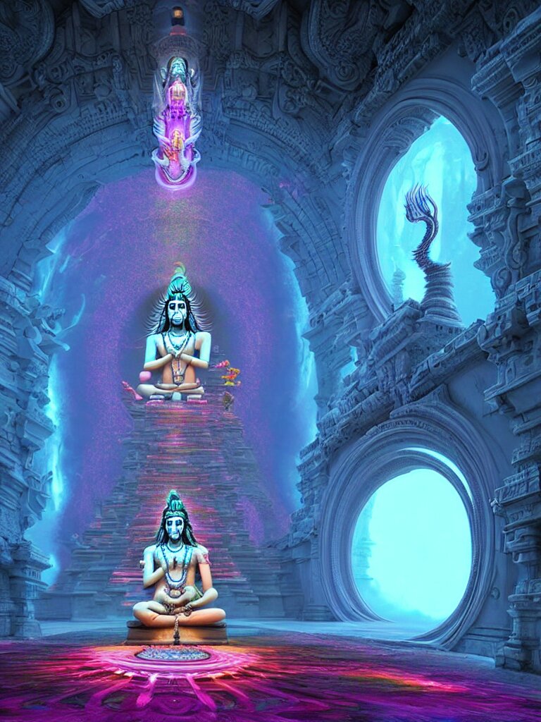 Entrance to the ethereal realm, lord shiva waiting, rendered in Unreal Engine, central composition, symmetrical composition, dreamy colorful cyberpunk colors, 6 point perspective, fantasy landscape with anthropomorphic!!! terrain!!! in the styles of igor morski, jim warren, and rob gonsalves, intricate, hyperrealistic, volumetric lighting. Add a neon sign reading "ethereal realm, lord shiva waiting."