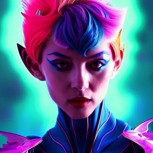 3 / 4 view of a portrait of badass woman with wings, confident pose, futuristic attire, pixie, genshin impact, bright colors, intricate, elegant, sharp focus, illustration, highly detailed, concept art, matte, trending on artstation, art by wlop and artgerm and greg rutkowski, h 6 4 0 