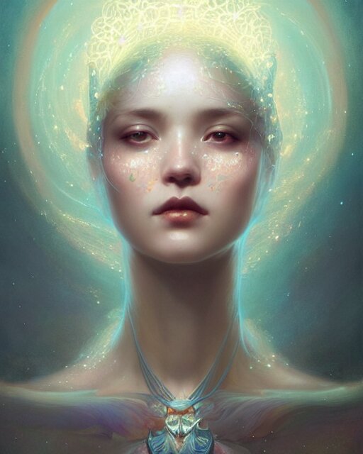 benefit of all, ill of none, fractal crystal, fantasy beauty portrait by tom bagshaw, tooth wu, wlop, james jean, victo ngai, beautifully lit, muted colors, highly detailed, artstation, fantasy art by craig mullins, thomas kinkade 