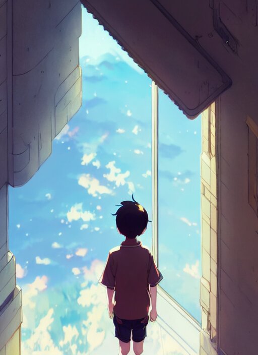 boy on ground waving to a pretty girl on the second floor, illustration concept art anime key visual trending pixiv fanbox by wlop and greg rutkowski and makoto shinkai and studio ghibli