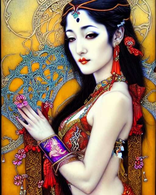 Beautiful, Playful & Elegant Bellydancer - Art Nouveau Fantasy Design - Intricate Oriental Designs - Elegant - Highly Detailed - Sharp Focus - Art by Chie Yoshii. make her beautiful women