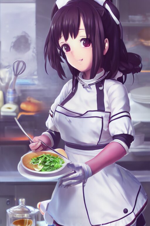 a cute android maid girl cooking breakfast, character art portrait, anime key visual, official media, illustrated by wlop, extremely detailed, 8 k, trending on artstation, cinematic lighting, beautiful,