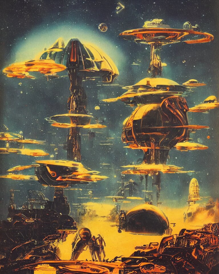 vintage scifi book cover, 6 0 s, by chris foss, bruce pennington, richard powers, cosmic, alien planet, massive spaceships, gross alien, retro futurism