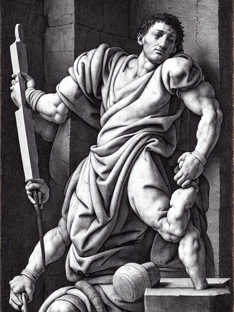 a twenty - something michelangelo wearing peasant clothing of the renaissance holds a chisel in one hand and a mallet in the other, in the background a rectangular prism of white marble with gray streaks, photorealistic, hyperdetailed, studio lighting, octane render, caustics Turn him into an ancient sculpture