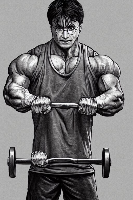 highly detailed rendering of Harry Potter doing barbell back squats, dingy gym, wearing a muscle tee shirt, symmetrical, highly detailed, digital painting, artstation, concept art, smooth, sharp focus, illustration, cinematic lighting, art by artgerm and greg rutkowski and alphonse mucha