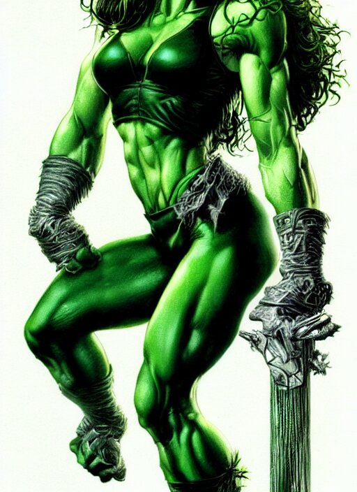 Jessica Biel as She - Hulk. Blue-skinned, Muscular, Wheyfurred. Illustration by Luis Rocco, Boris Vallejo, and Detailed, Realistic. change the green skin to an eerie blue