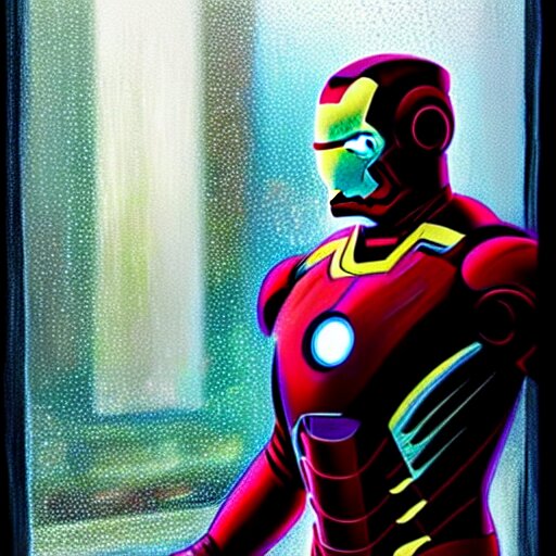 Iron Man: portrait of miserably staring through a door by Ross Tran. change the window to a door and add a suit of armor