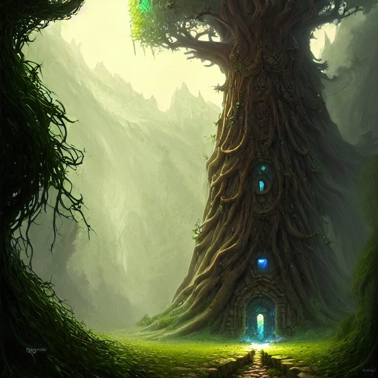 a beautiful giant tree growing in the middle of an mysterious giant door carved with symbols,  a door is embedded in the tree. godray on plants,  fantasy digital art, fantasy style art, fantasy hearthstone art style, fantasy game art by greg rutkowski, darksouls concept art