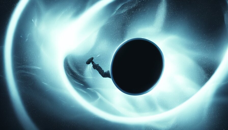 astronaut falls inside black hole and is bent into vortex, volumetric lighting, interstellar, black hole light lensing, event horizon, digital art, wallpaper, 4k. make the person out