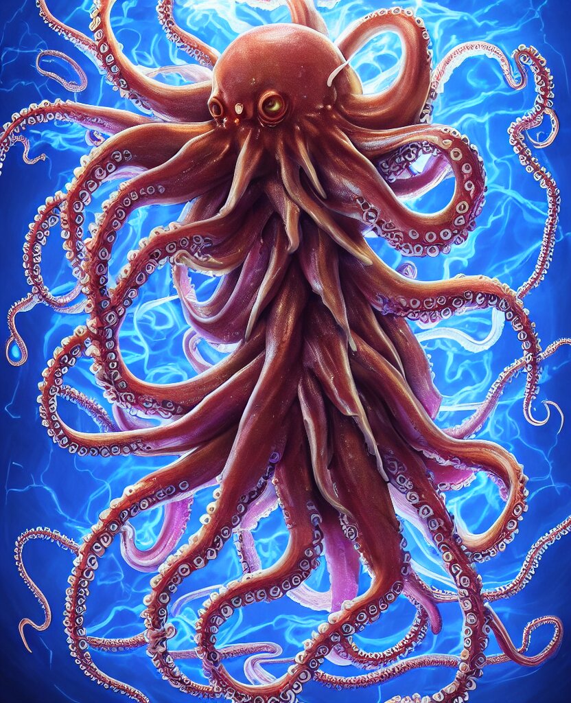 Close-up portrait of an octopus in a twisted flowers jellyfish mask in a spacement suit surrounded by energy flow, epic angle and pose, symmetrical artwork, 3d with depth of field, blurred background, floating jellyfish skull phoenix bird, translucent, nautilus, energy flows of water and fire. A highly detailed epic cinematic concept art CG render. Made in. Turn it into a science fiction painting