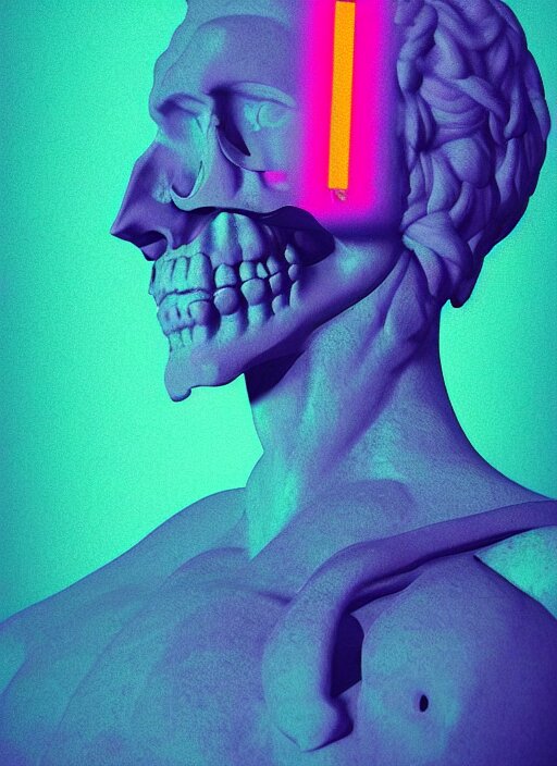 statue of hercules, half his face as a skull, beeple, vaporwave, retrowave, tonal separation, black background, glitch, pixel sorting, strong contrast, pinterest, trending on artstation