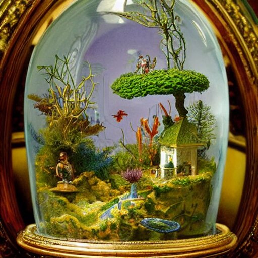 still life painting of a miniature tabletop forest under an ornate glass dome, by paulette tavormina and vermeer ( and clara peeters ), cool color - scheme with blues and greens, hyper realistic, sharp focus, detailed, beautiful bright lighting 