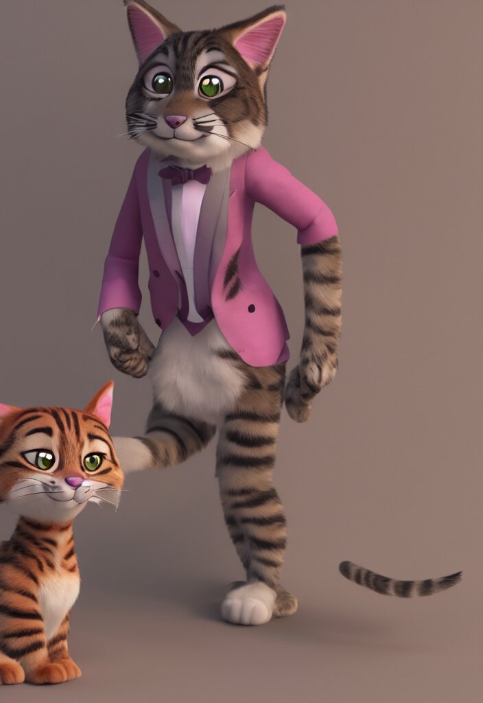 3d render , Anthropomorphic male tabby cat, wearing a pink tux ,style of Zootopia, 8K HD Resolution, High quality image - Turn it into a tiger. turn it into a tiger