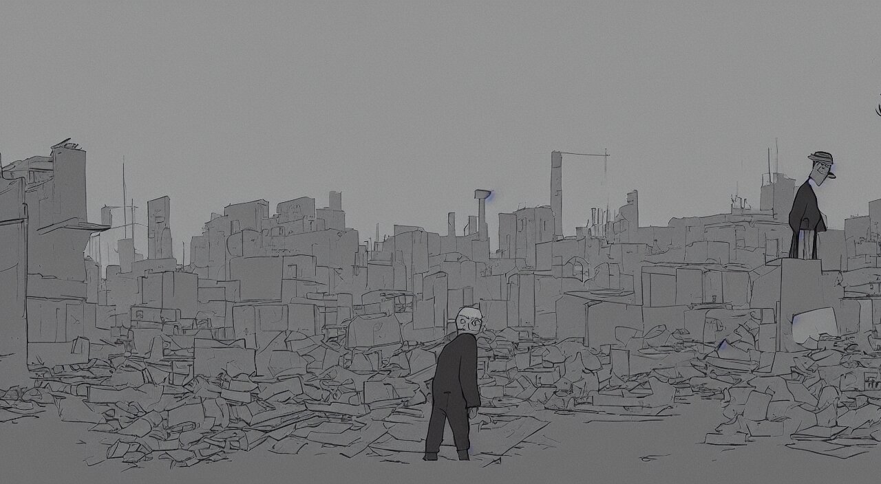 a sad solitary old man looks on as in the distance a factory he used to work in is destroyed. In the style of James Gilliard, darkened sky and threatening texture. darken the sky and add a threatening texture