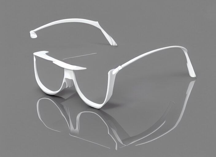 A 3d render of white contemporary glasses on a marble table, hyper detailed, 8k resolution, award winning design. add a pair of simple black glasses on the table next to the futuristic glasses