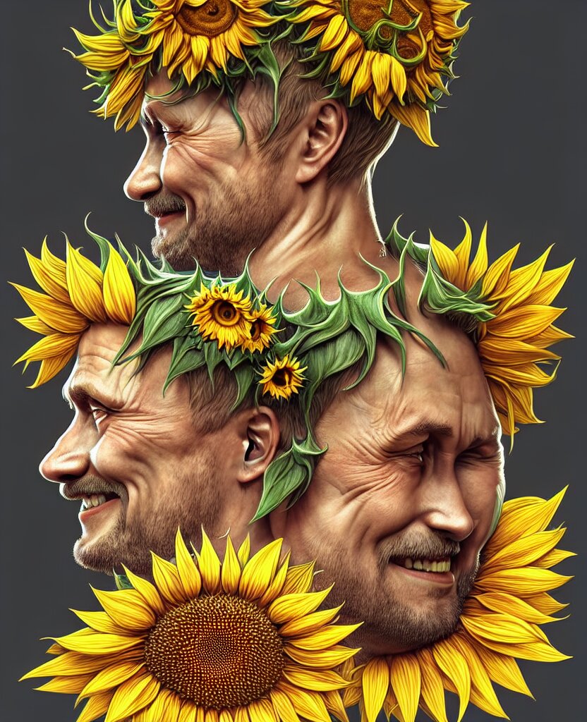 digital art, centered full body of Putin smiling king, Sunflower crown, ,intricate, veins, by James Jean and by artgerm , by ross tran ultradetailed, charachter design, concept art, trending on artstation,