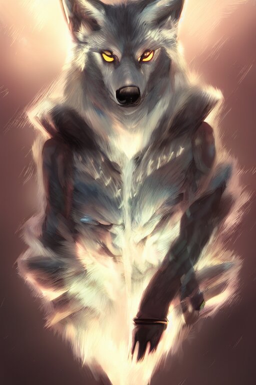 a Wolf Fursona trending on ArtStation by Kawacy, furry art, digital art, cyberpunk, high quality, backlighting. make the wolf white with pink highlights