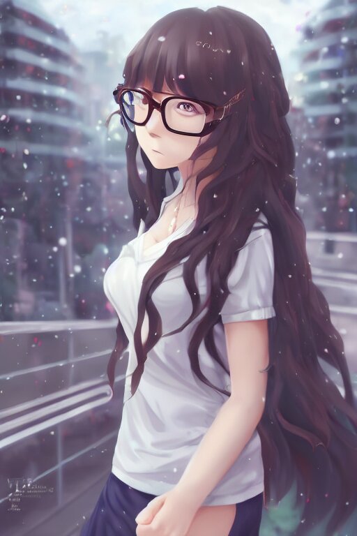 Anime girl with long curly brown hair wearing round glasses and school uniform, tokyo background, aesthetic, wlop, digital painting, trending on artstation, highly detailed, epic composition, official media, 8k uhd. add a bit more color to her outfit