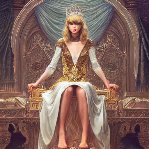 Taylor Swift sitting on a majestic throne wearing a crown, D&D style, fantasy, intricate, elegant, highly detailed, digital painting, artstation, concept art, matte, sharp focus, illustration, art by Artgerm and Greg Rutkowski and Alphonse Mucha