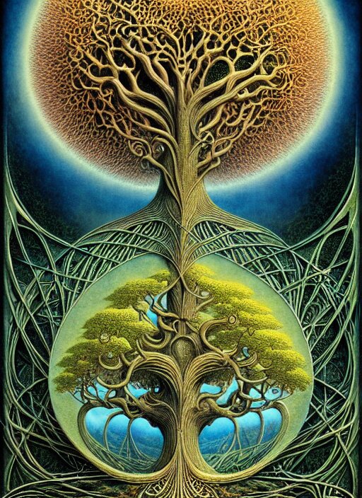 tree of life by roger dean and andrew ferez, art forms of nature by ernst haeckel, divine chaos engine, symbolist, visionary, art nouveau, botanical fractal structures, organic, detailed, realistic, surreality