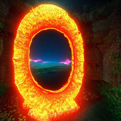 an enormous portal with lava surface that has a golden frame that has trims of green and blue gemstones attached, highly realistic Unreal Engine