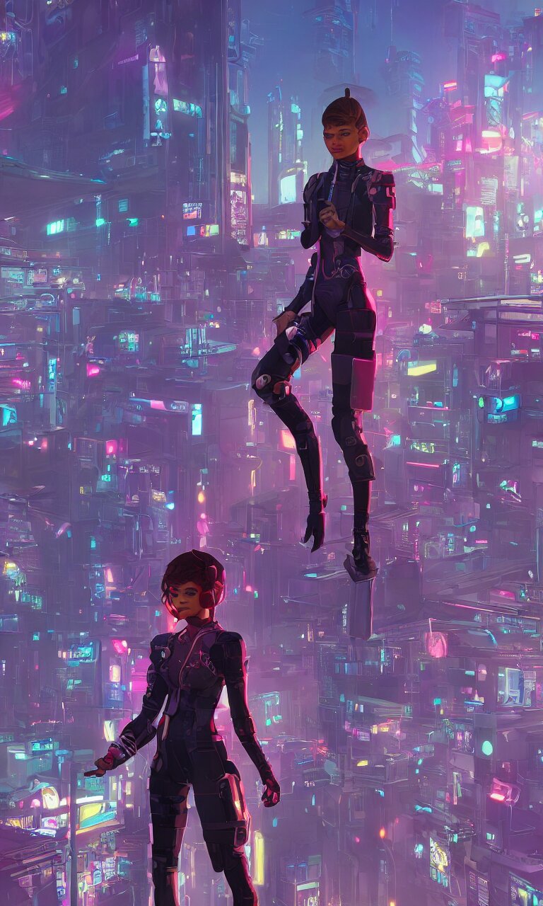 zendaya as a cyberpunk hero standing on the rooftop of cybertown, art poster, full body, t - pose, character design, ambient lighting, 4 k, lois van baarle, ilya kuvshinov, rossdraws, alphonse mucha, jung gi kim, dylan kowalsk, artstation