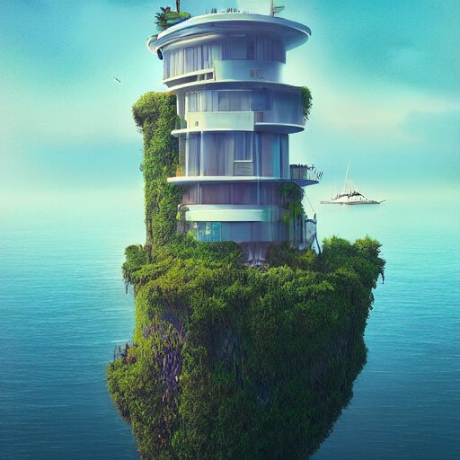 A beautiful private futuristic overgrown tiny island high rise mansion rising from a wavy lake, an ornate mini-yacht offshore, by beeple and stalenhag and Lee madgwick and Phil straub, trending on artstation